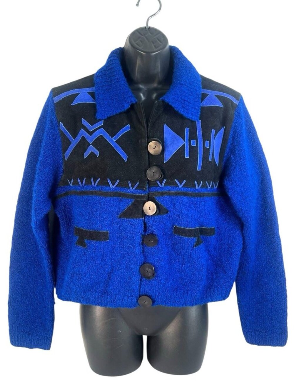 vtg Sandy Starkman suede trim knit box shape western rodeo cropped cardigan sz M - Picture 2 of 8